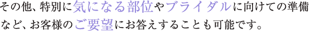 その他、特別に気になる部位やブライダルに向けての準備など、 お客様のご要望にお答えすることも可能です。